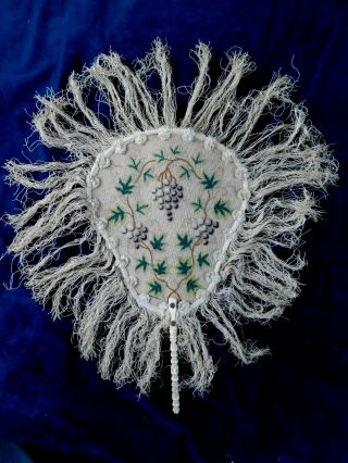 Antique Petit Point Tapestry Embroidery Hand Fan / Face Shield,  Grapes,  Fringing