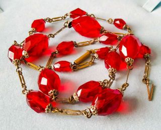 Vintage Antique Art Deco Brass & Red Glass Bead Necklace