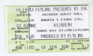Rare Nazareth 11/24/83 Denver Co Rainbow Music Hall Ticket Stub