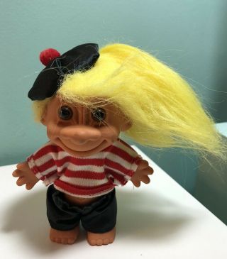 Vintage Russ Troll Doll Yellow Hair Red White Striped Shirt & French Beret