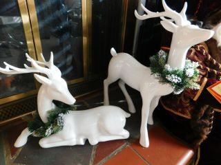 Rare Set Of 2 Tall White Deer/reindeer Christmas Figurines