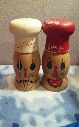 Vintage Antique Salty And Peppy Wood Wooden Salt And Pepper Shakers 5 "