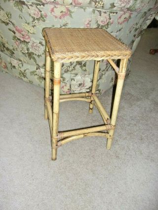 Rare Vintage Rattan Bamboo Plant Stand Table 24 " Tall Woven Top 12 " X 12 "