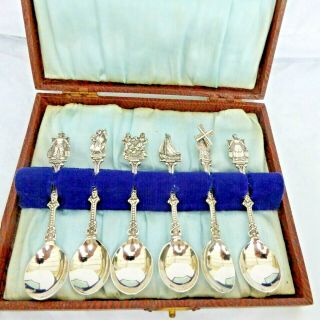 Vintage Box 6 Dutch Silver Plate Coffee Spoons 3.  5 Inches Various Dutch Design