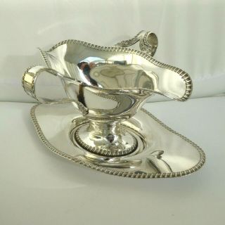 Vintage Silver Plate Double Lip And Handle Sauce Boat And Stand Cast Border Edge