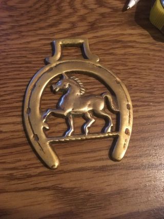 Vintage Small Brass Wall Art Piece,  Horse And Horseshoe 3 - 1/2 " X 3 "