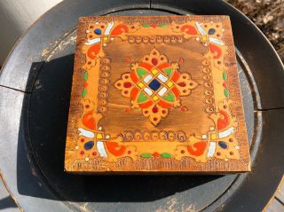 Vintage Hand Burnt And Painted Polish Geometric Wood Trinket Jewelry Box - Poland