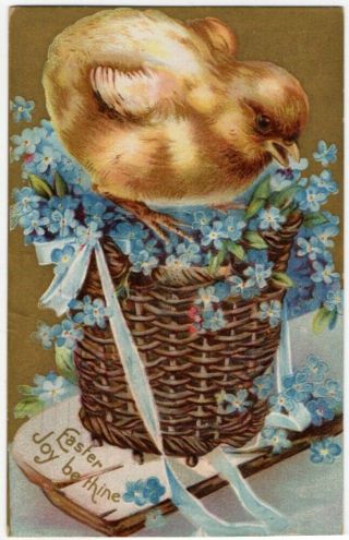 031320 Lovely Antique Easter Postcard Chick In Basket Of Flowers 1911