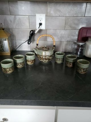 Somayaki Soma Ware Green Crackle Horse/heart Teapot & 6 Cups Set Vintage Rare