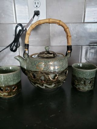 Somayaki Soma Ware Green Crackle Horse/Heart Teapot & 6 Cups Set Vintage Rare 2