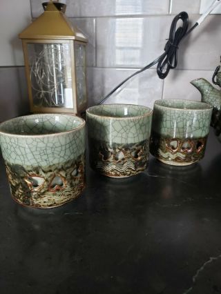 Somayaki Soma Ware Green Crackle Horse/Heart Teapot & 6 Cups Set Vintage Rare 3
