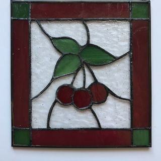 VIntage Stained Glass Suncatcher Red Cherries Green 8 