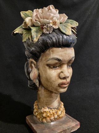Vintage Rare Hawaiian Polynesian Woman Head Bust Flower Headdress Shell Earrings