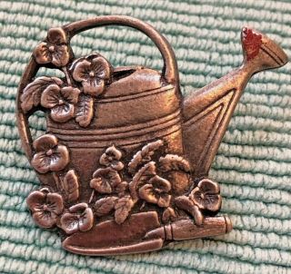 Pin/brooch " Birds & Bloom " Antique Silver,  Gardener,  Water Can W/ Flowers,  1.  5 "