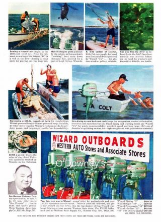 1956 Vintage Ad Western Auto Outboard Wizard Motors South Bend Reels 2 Sided