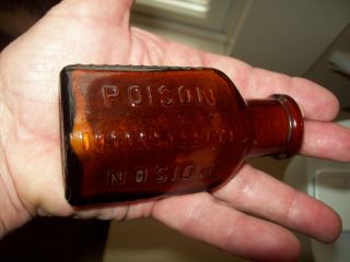 Antique Vintage Amber Glass Bottle Embossed Poison 3 3/4 "