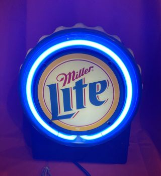 Rare Miller Lite Beer Neon Sign Light Back Bar Bottle Cap Round