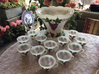 Rare Milk Glass Punch Bowl Anchor Hocking Hand Painted Grape Cable Stand - 12 Cups