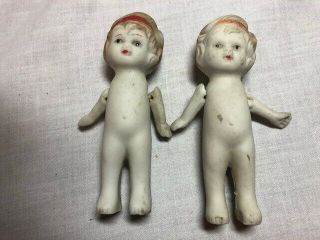 2 Vintage Small All Bisque Dolls,  Frozen Body With Movable Arms,  Japan