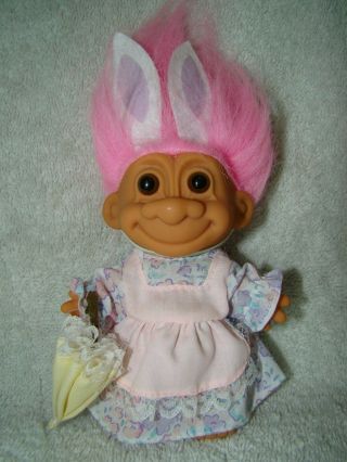 Vintage Russ Easter Bunnies (2) Troll Dolls With Dress & Parasol & Bunny In Egg