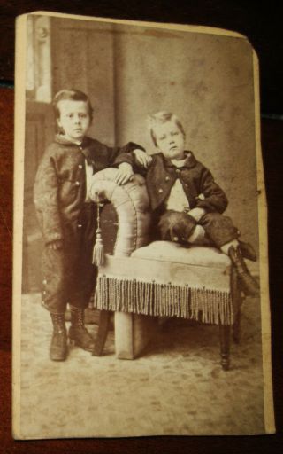 Cdv Photo 2 Cute Boys James & Alfred Caldwell Wearing Sack Coats Pittsfield Ill