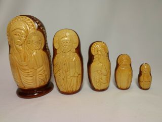 Vintage Rare Religious Icon Russian Nesting Dolls Hand Carved Wood Mary & Jesus