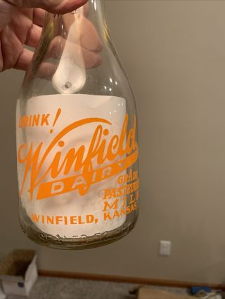 Rare Orange Quart Milk Bottle Winfield Dairy Kansas War Bond Fighter Plane