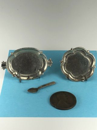 Vintage Dollhouse Miniature Metal Silver Serving Platter & Tray With Spoon.