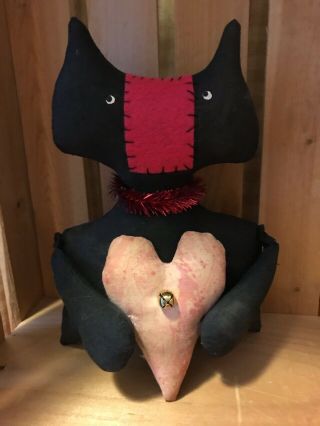 Primitive Valentine Black Cat Shelf Sitter Doll Pink Heart