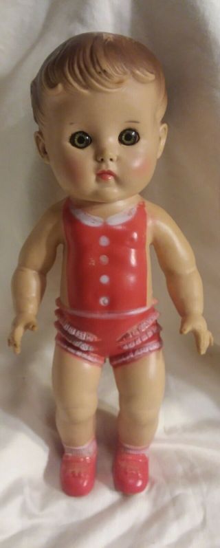 Vintage 1950s Sun Rubber Co 10 " Girl Squeaker Doll Toy 1956 Red Sunsuit