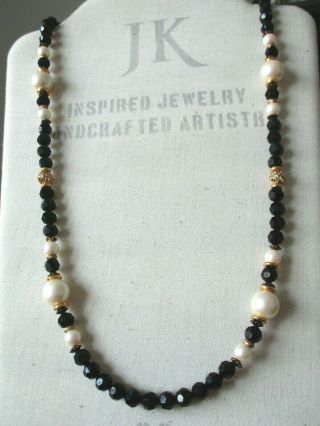 1928 Vintage Black & Faux Pearl Necklace Gold Accent Beads 32 " Long