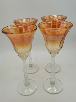 Vintage Rare Set 4 Signed Rick Strini Iridescent Art Glass 9 " Wine Goblet