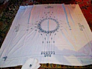 Antique Arts & Crafts Hand Embroidered Linen Tablecloth & 12 Napkins 64 X 66