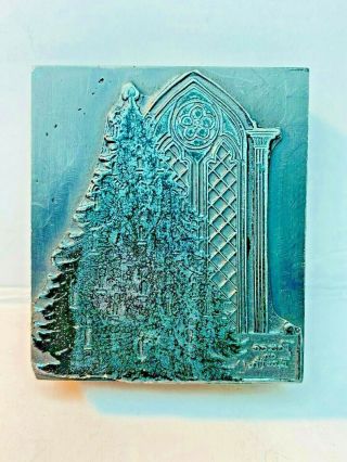 Antique Letterpress Wood Print Block Christmas Tree Stain Glass Window