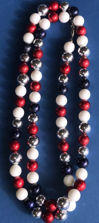 Vintage Red,  White,  Blue And Silver 14 " Necklace