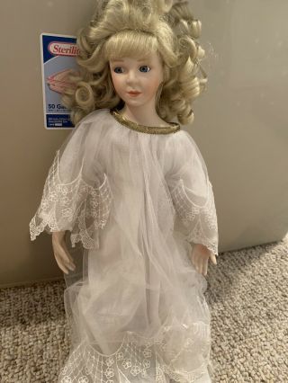 Vintage Porcelain Doll With Victorian Holiday Dress.  Blonde,  White Dres