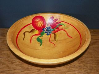 Vintage Hand Painted Fruit Motif Wood Wooden Oval Bowl