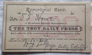 Rare 1890 Troy Daily Press Newspaper Reporter Id Card York Ny 2.  25 " X3.  75 "