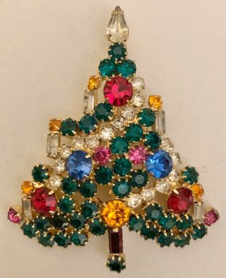 Rare Vintage St.  Labre Rhinestone Christmas Tree Brooch / Pin