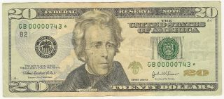 2004 - A $20 Low Serial Number Star Note 743 - Rare 3 Digit Star Note Vf/xf