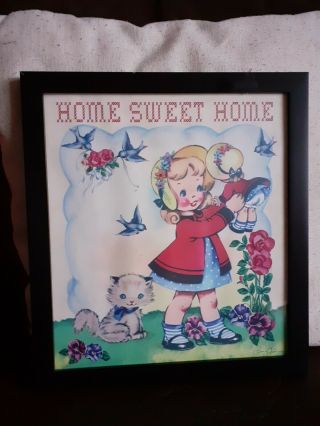 Vintage Retro Kitsch Style Home Sweet Home Framed Print - Girl,  Doll & Kitten