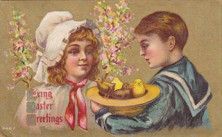 Children With Basket Of Chicks Flowers Antique Easter Postcard - P219