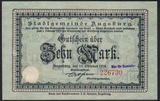 1918 10 Mark Germany Augsburg Rare Emergency Wwi Money Banknote Currency Unc