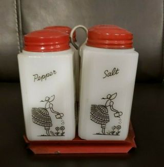 Vintage Tipp Milk Glass Salt,  Pepper,  Flour & Sugar Shakers Very Rare