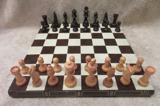 Rare Varec Wooden Wood Handmade Chess Set In Faux Book - Made In Milano,  Italy