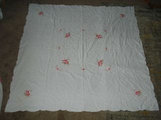 Vintage Embroidered Roses White Cotton Tablecloth