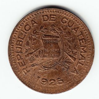 Guatemala 1 Centavo 1925 Km237 (a) Br 1 - Year Type Minted 357,  000 Rare
