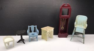 6 Vintage Renwal Ideal Plasco Dollhouse Furniture Hi Chair Tables Granddad Clock