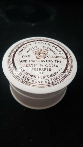 Mega Rare Victorian Sepia Print Crown Cherry Tooth Paste Pot Lid & Base Crock