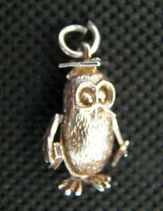 Vintage Silver Charm Of A Wise Old Owl.  Very Well Made,  Arms And Eyes Move
